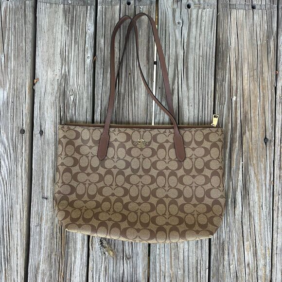 Coach Handbags - Coach Brown Coated Canvas Zip Top Tote Bag 4455 Leather